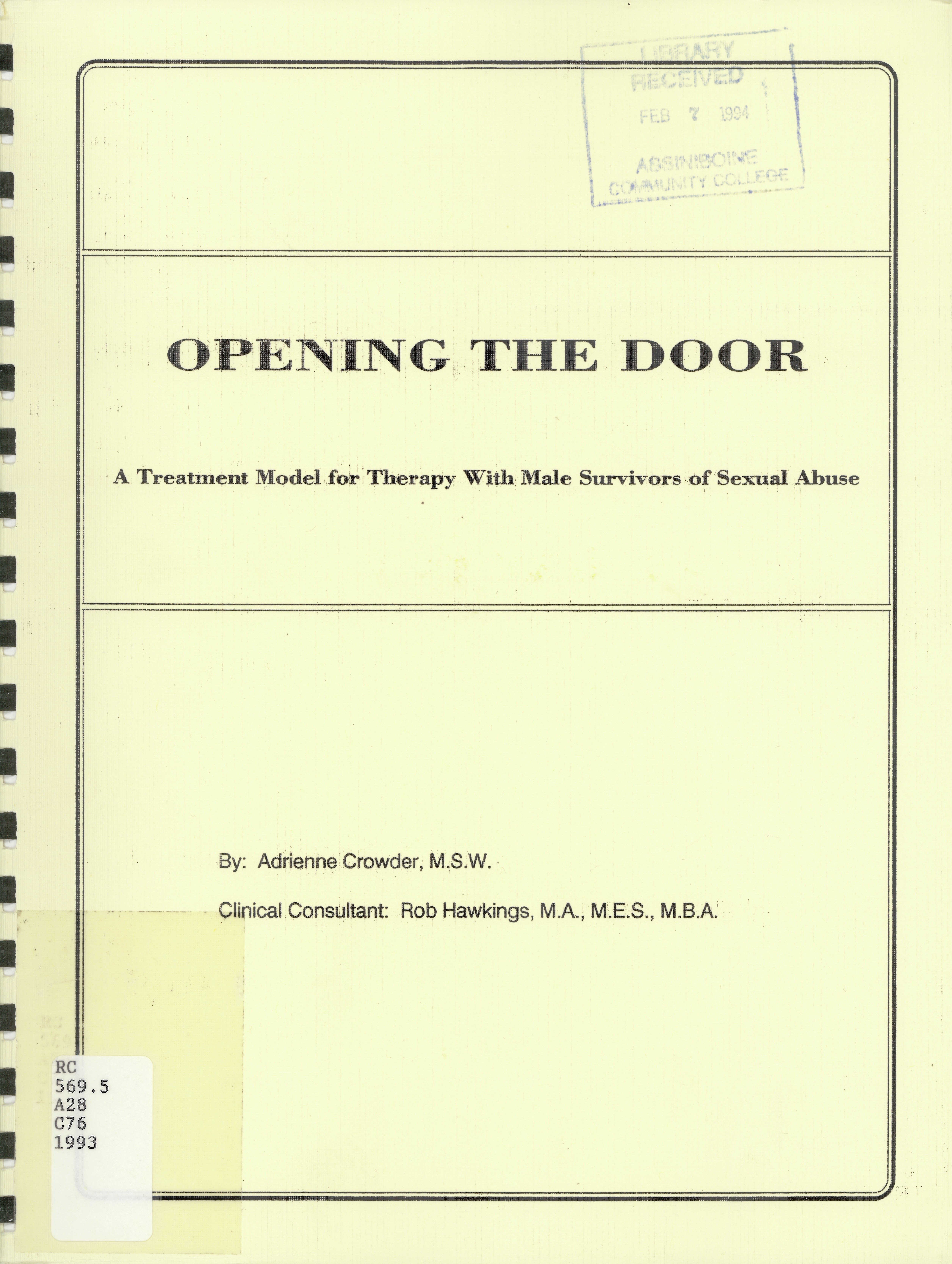 Opening the door: : a treatment model for therapy with male survivors of sexual abuse /