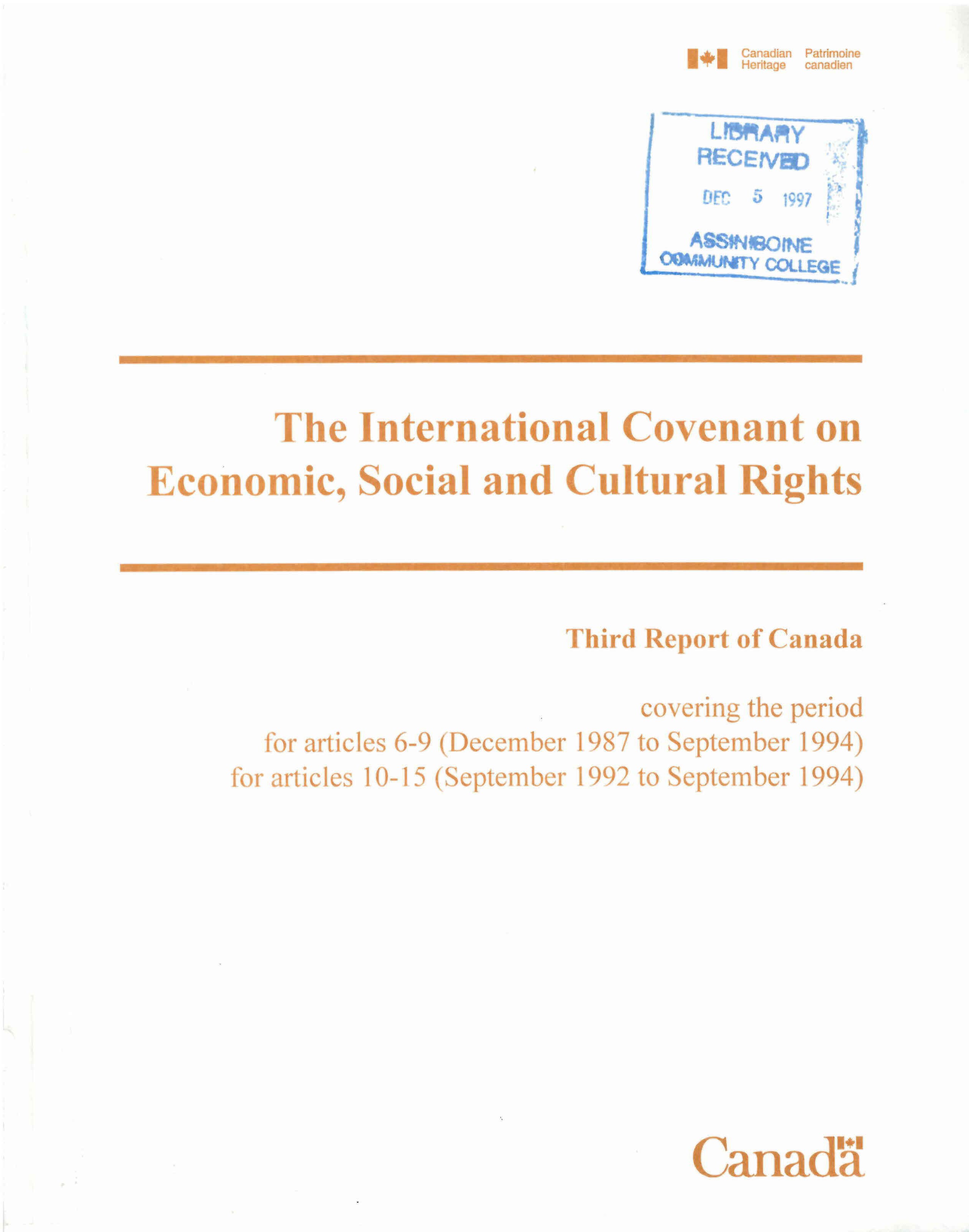 International Covenant on Economic, Social and Cultural Rights: : report of Canada on the implementation of the provisions of articles ... of the Covenant