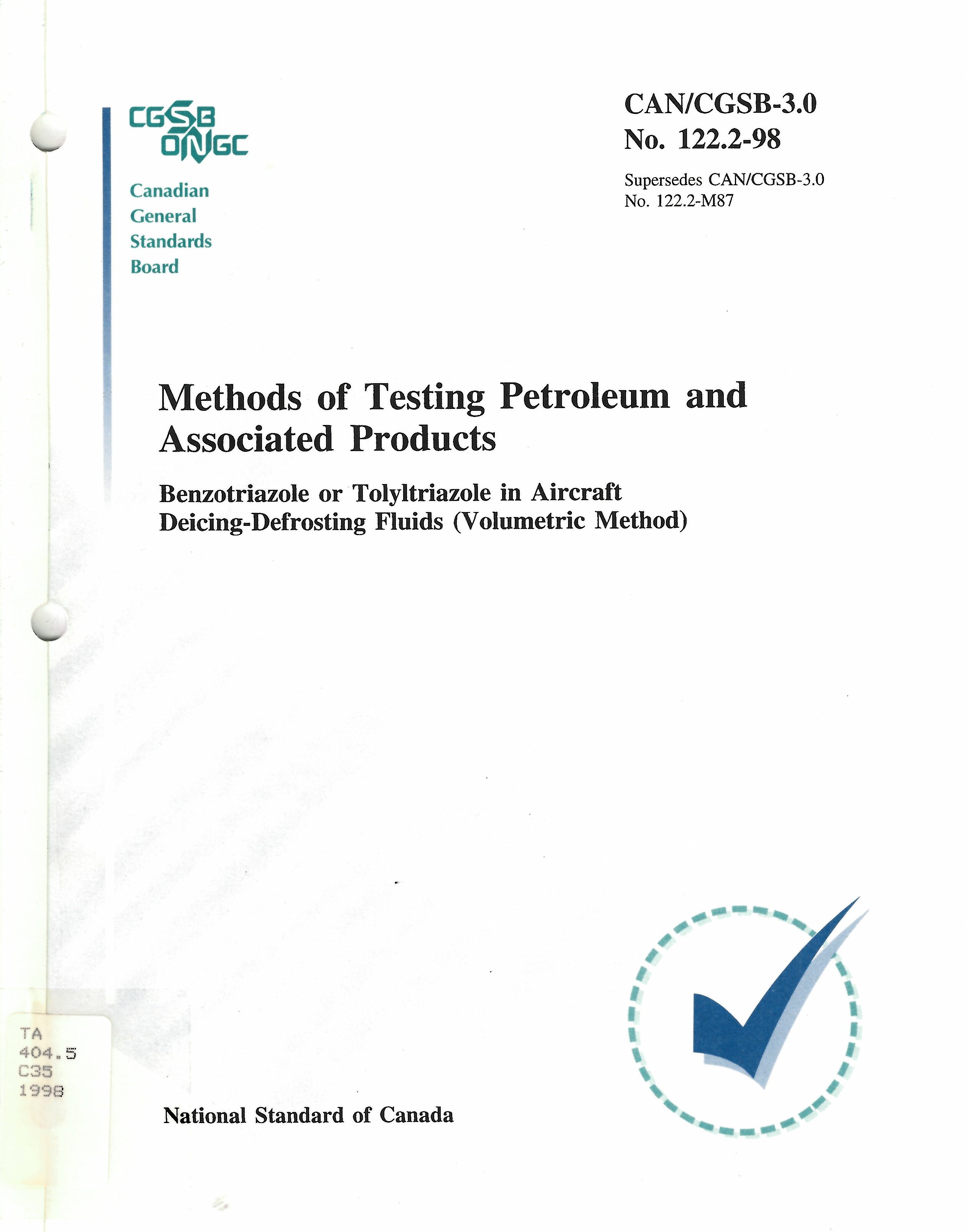 Methods of testing petroleum and associated products: : benzotriazole or tolyltriazole in aircraft deicing-defrosting fluids (volumetric method) /