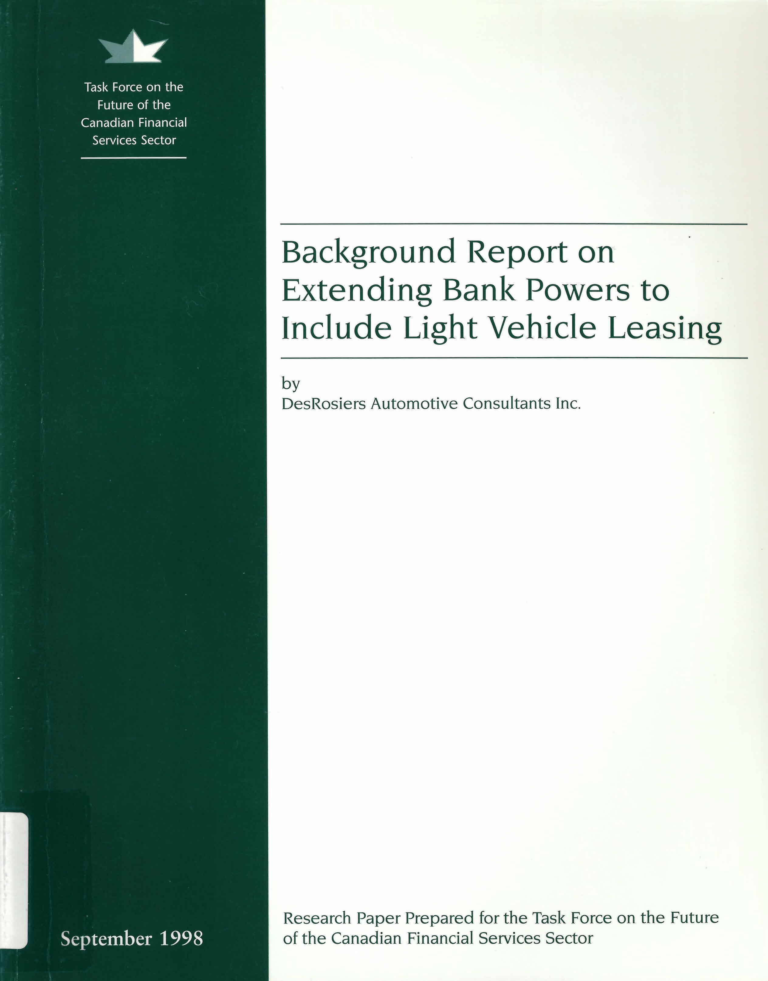 Background report on extending bank powers to include light vehicle leasing