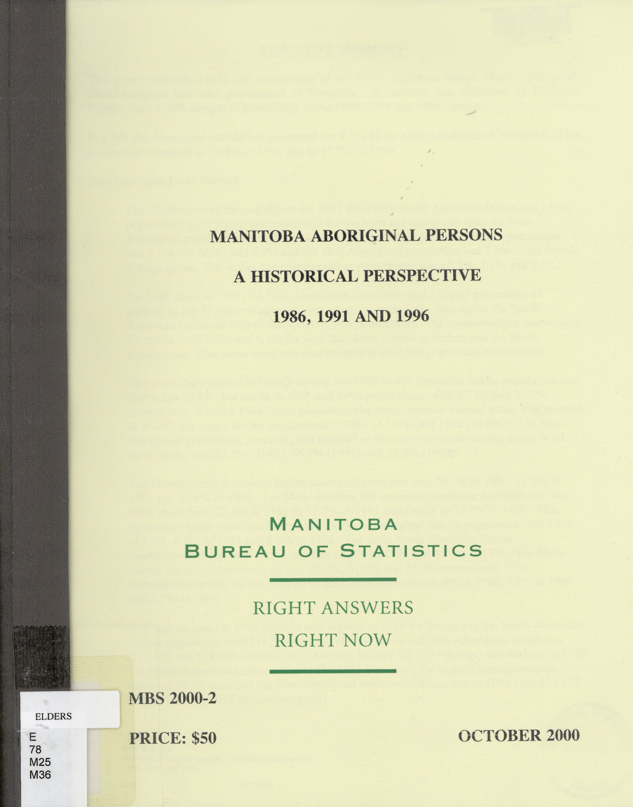 Manitoba aboriginal persons : a historical perspective 1986, 1991 and 1996