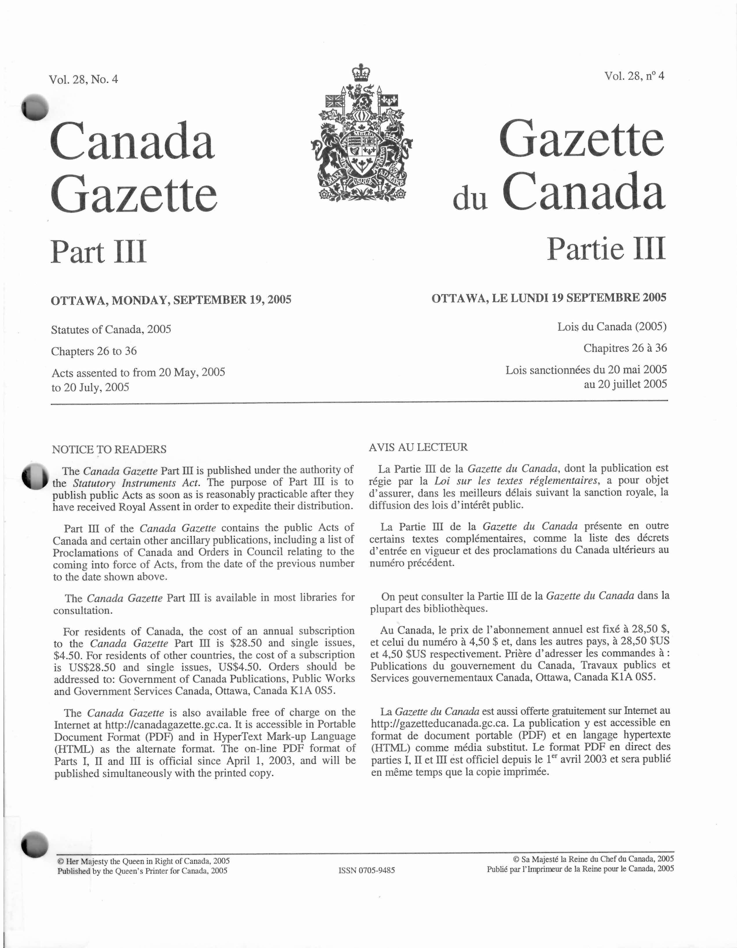 The Canada gazette : La gazette du Canada. Partie III: Statutes du Canada. Part III, Statutes of Canada = :