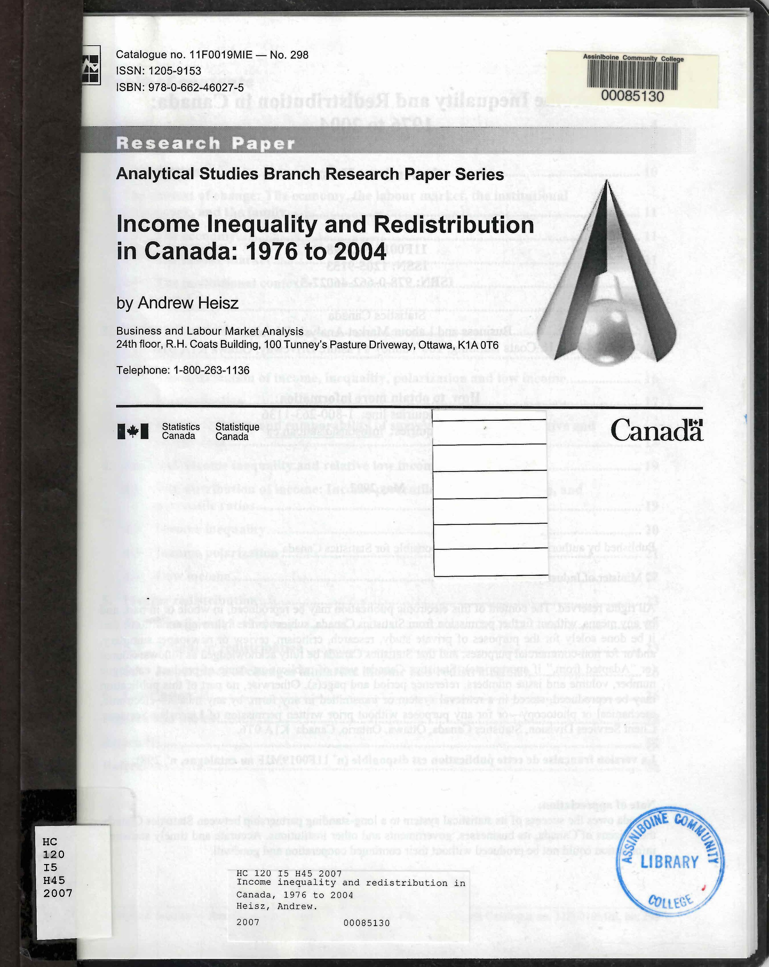 Income inequality and redistribution in Canada, 1976 to 2004