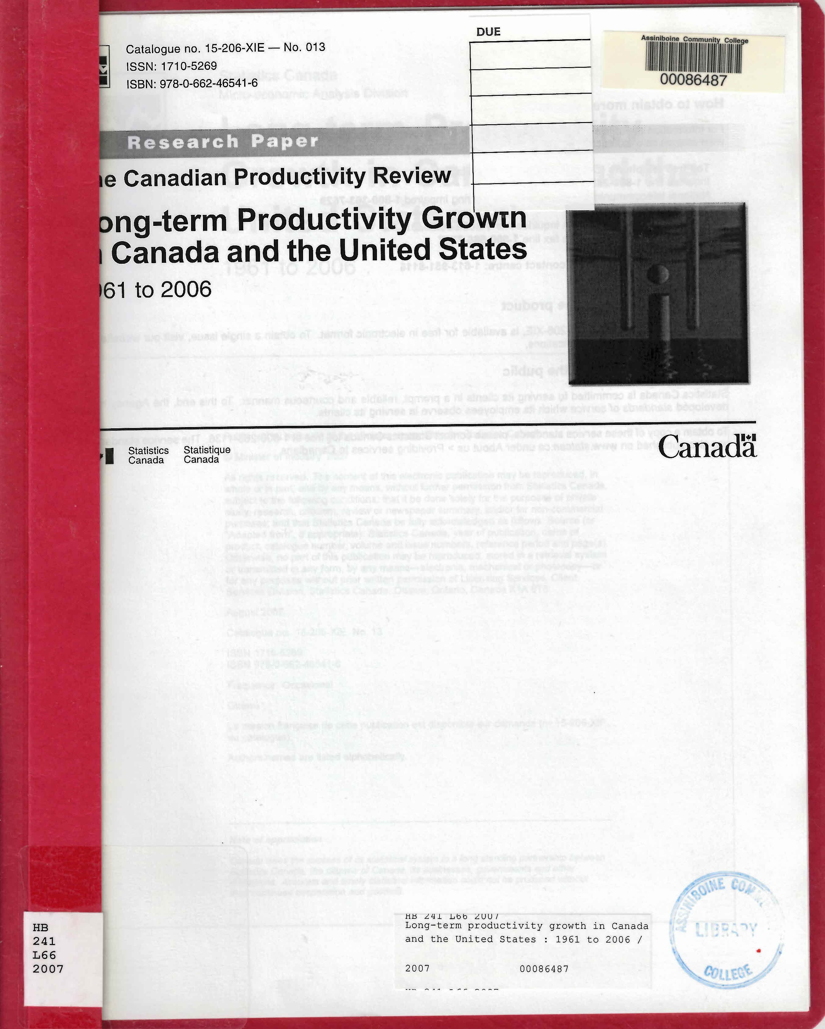 Long-term productivity growth in Canada and the United States : 1961 to 2006