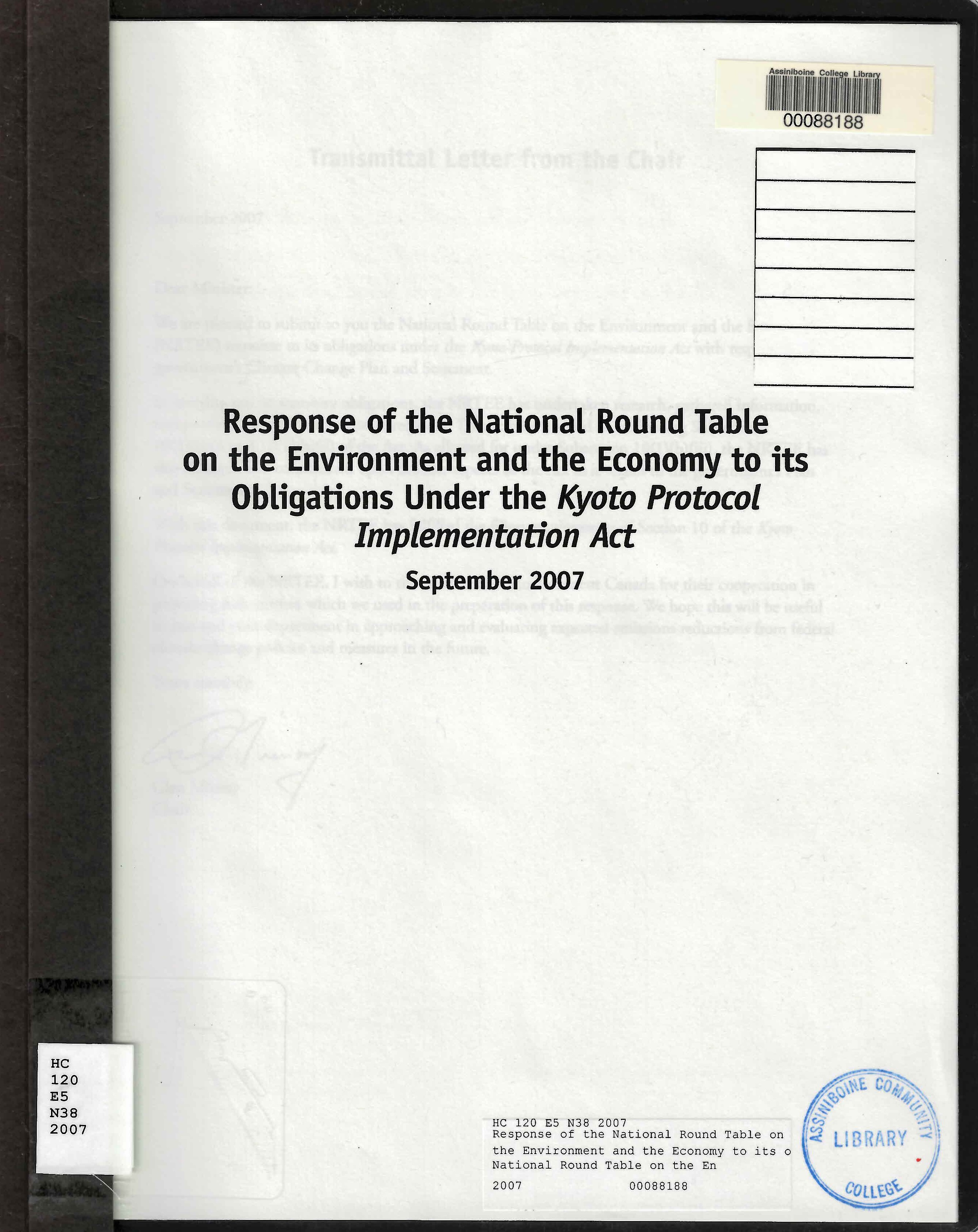Response of the National Round Table on the Environment and the Economy to its obligations under the Kyoto Protocol Implementation Act