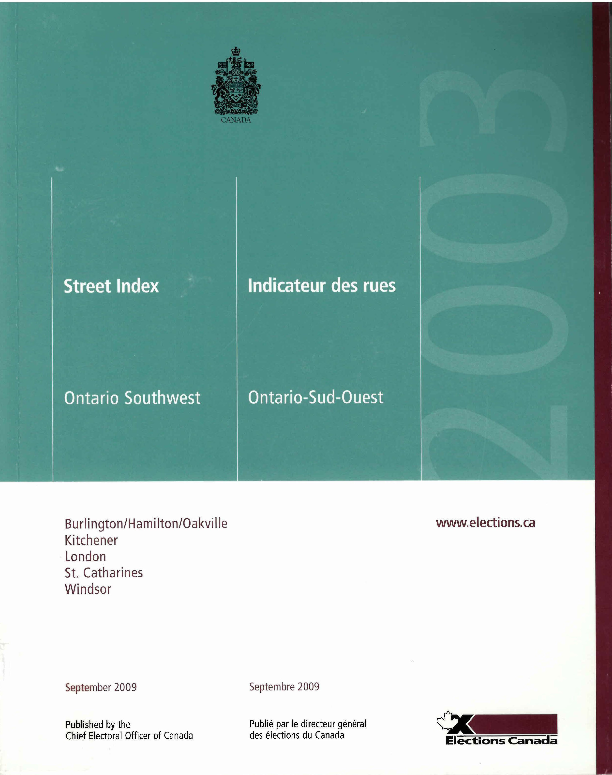 Street index : Ontario Southwest  = Indicateur des rues