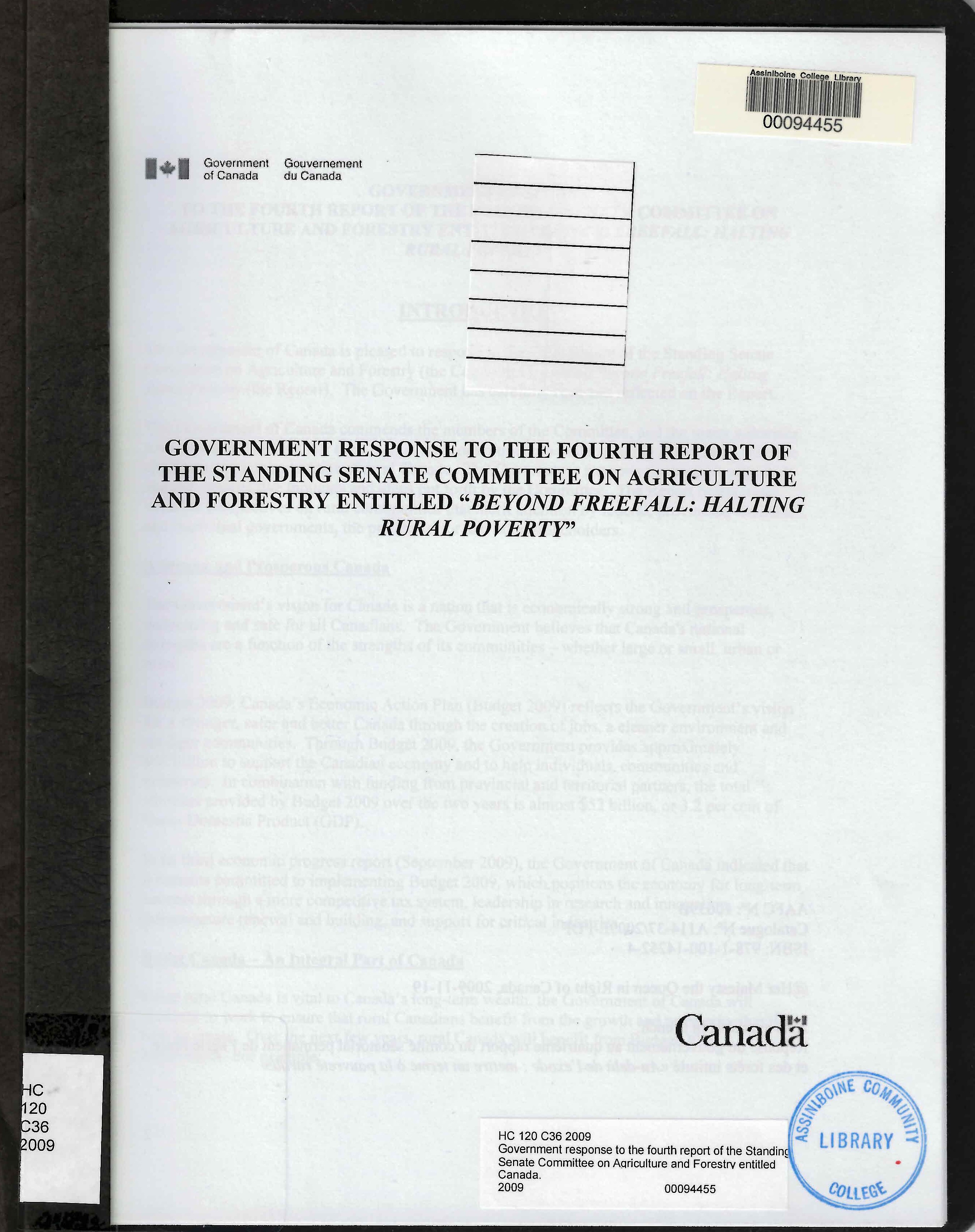 Government response to the fourth report of the Standing Senate Committee on Agriculture and Forestry entitled "Beyond freefall, halting rural poverty"