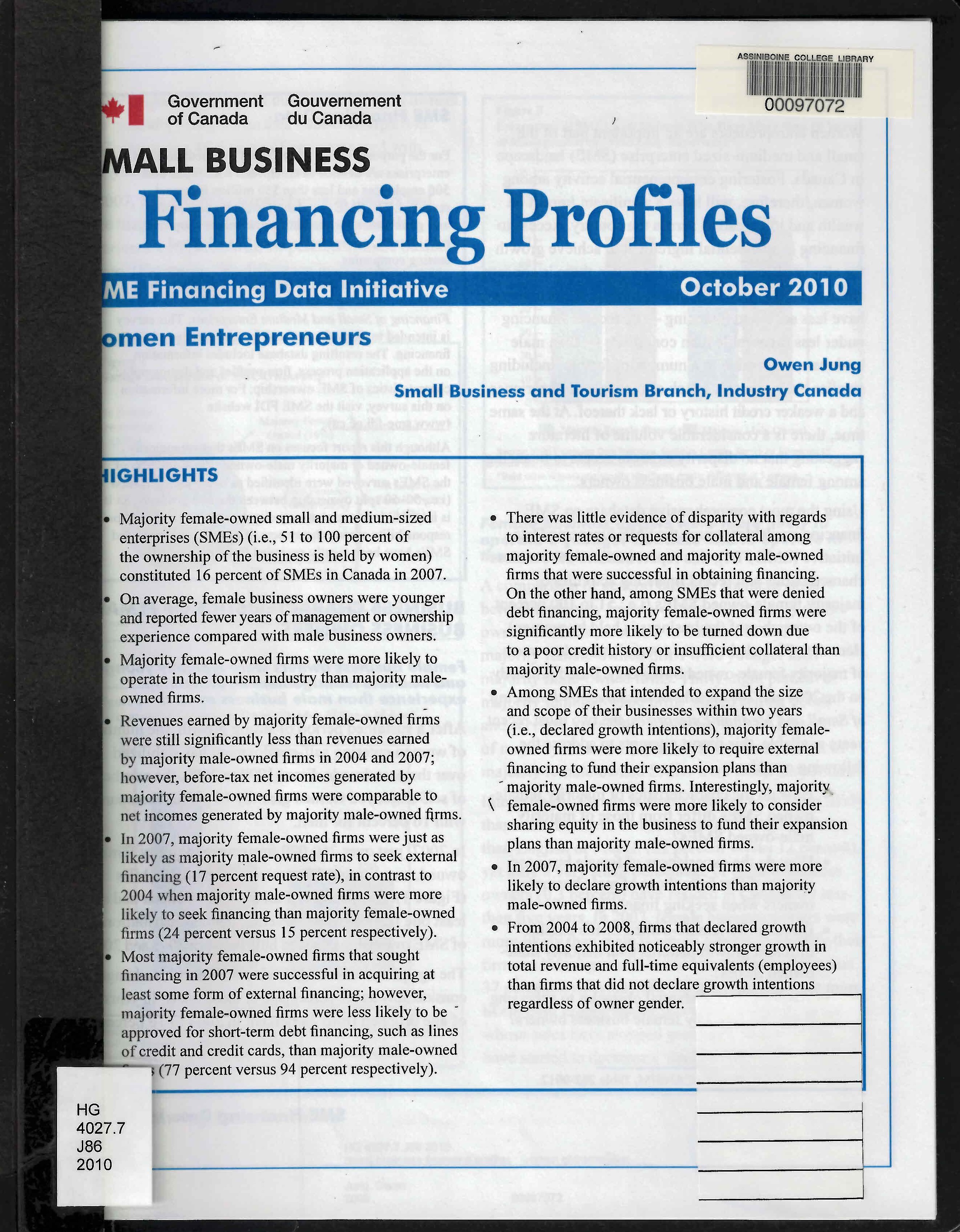 Small business financing profiles : women entrepreneurs