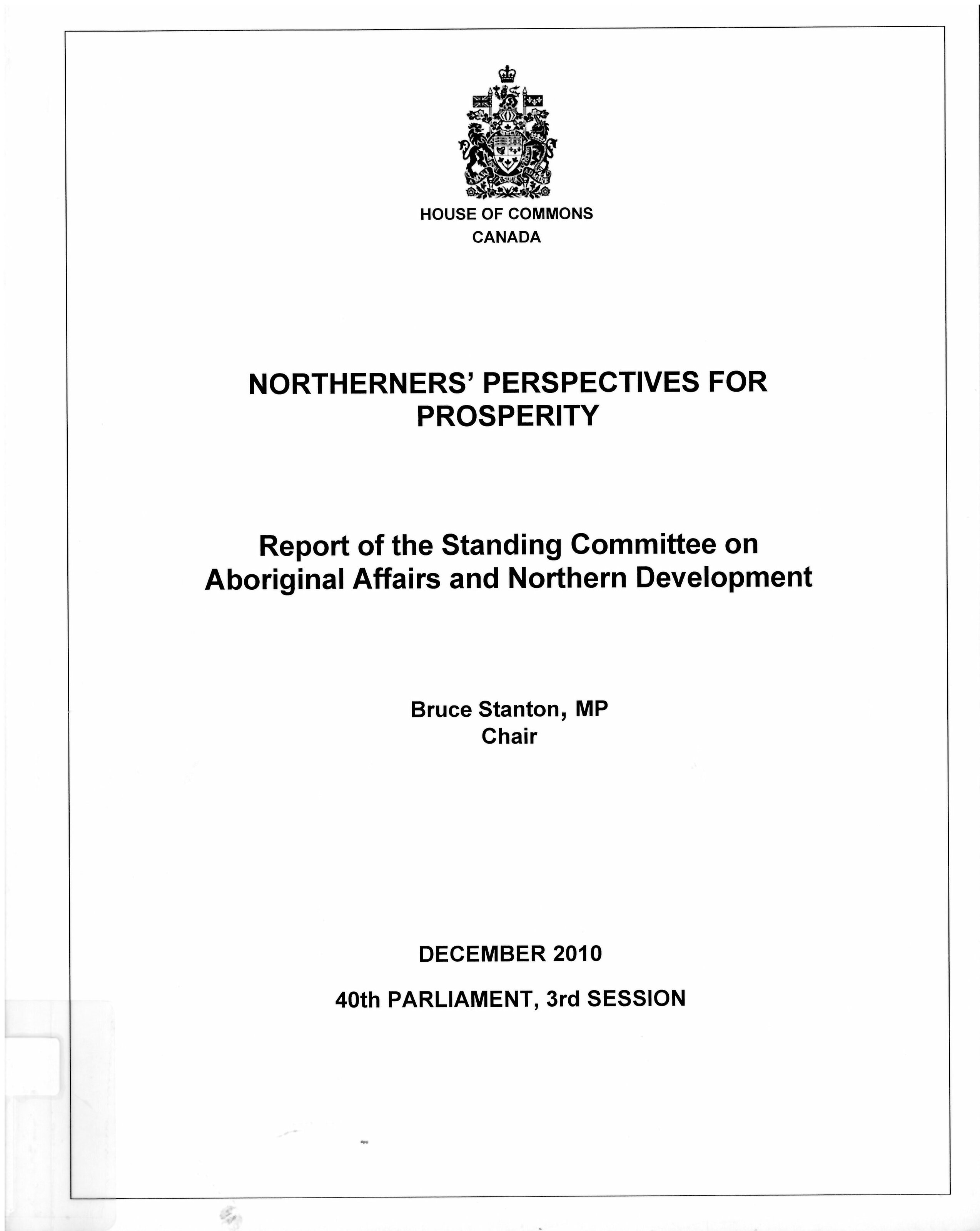 Northerners' perspectives for prosperity : report of the Standing Committee on Aboriginal Affairs and Northern Development