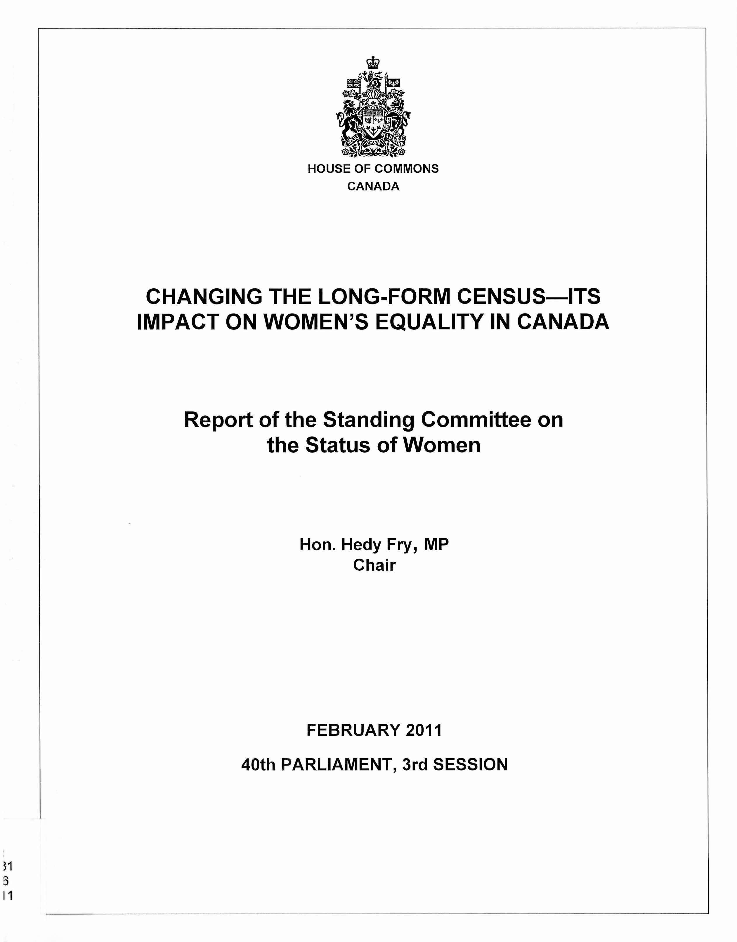 Changing the long-form census, its impact on women's equality in Canada : report of the Standing Committee on the Status of Women