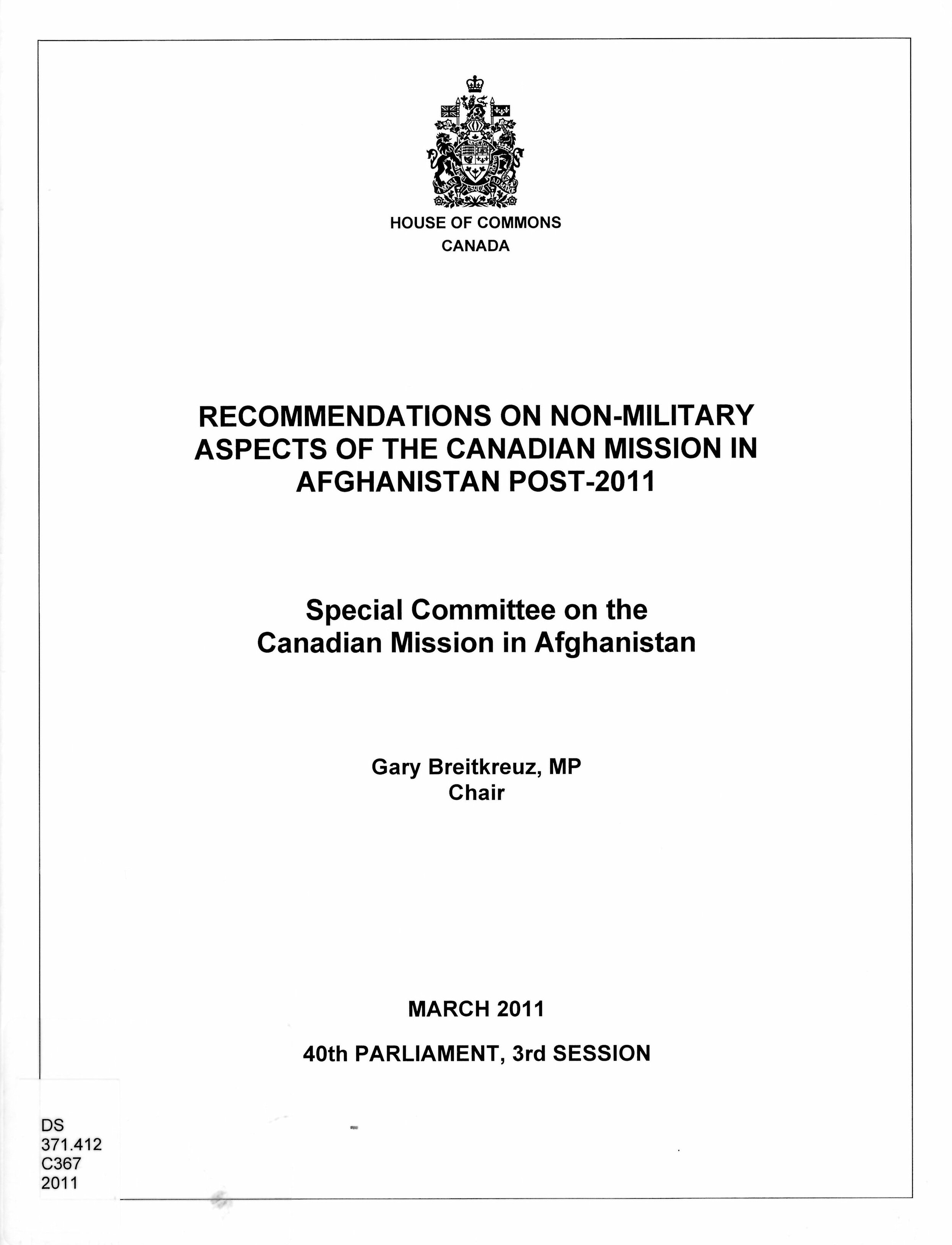 Recommendations on non-military aspects of the Canadian mission in Afghanistan post-2011