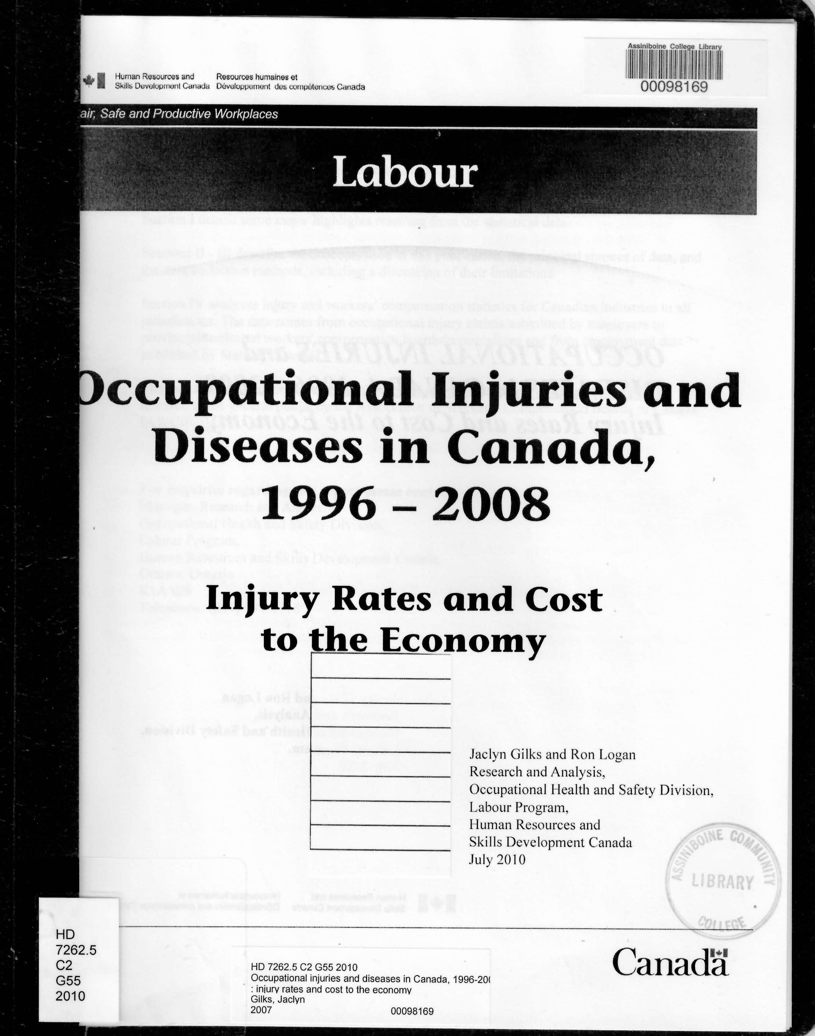 Occupational injuries and diseases in Canada, 1996-2008 : injury rates and cost to the economy