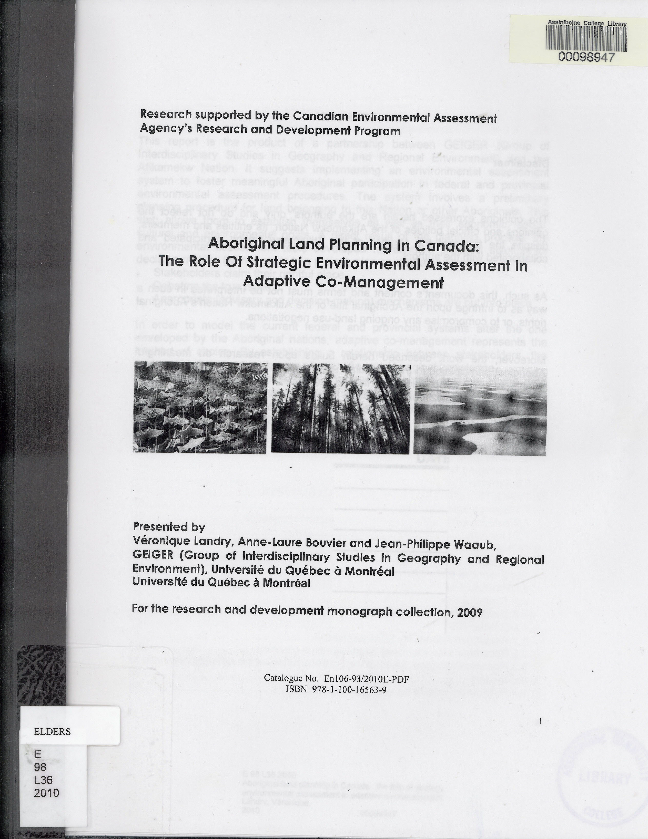 Aboriginal land planning in Canada : the role of strategic environmental assessment in adaptive co-management