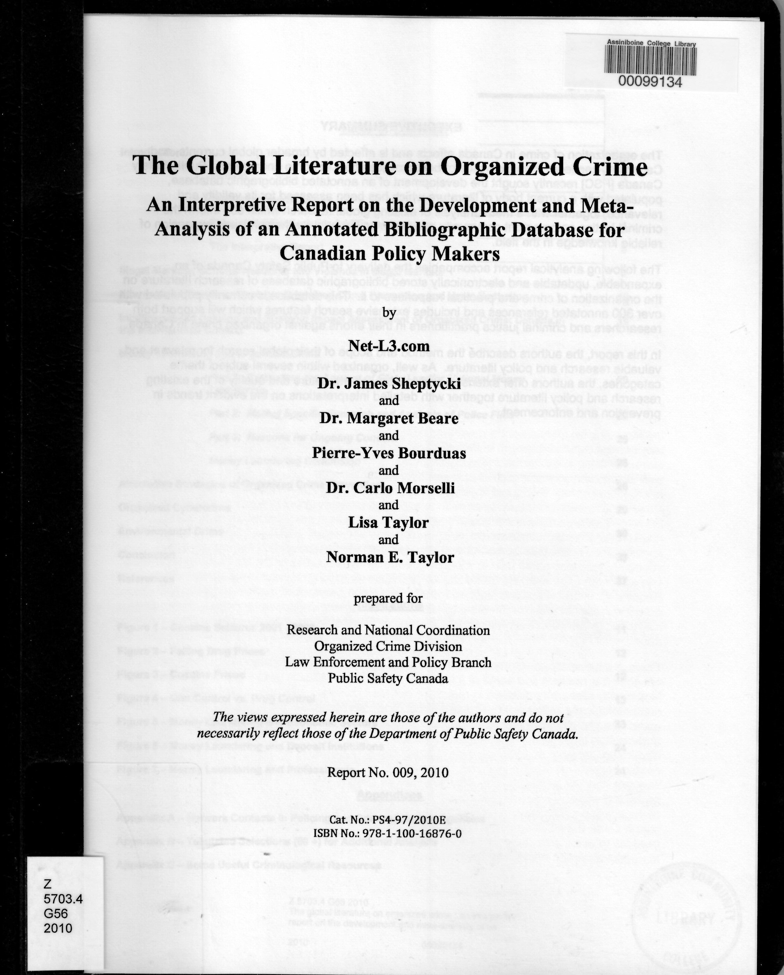 The global literature on organized crime : an interpretive report on the development and meta-analysis of an annotated bibliographic database for Canadian policy makers