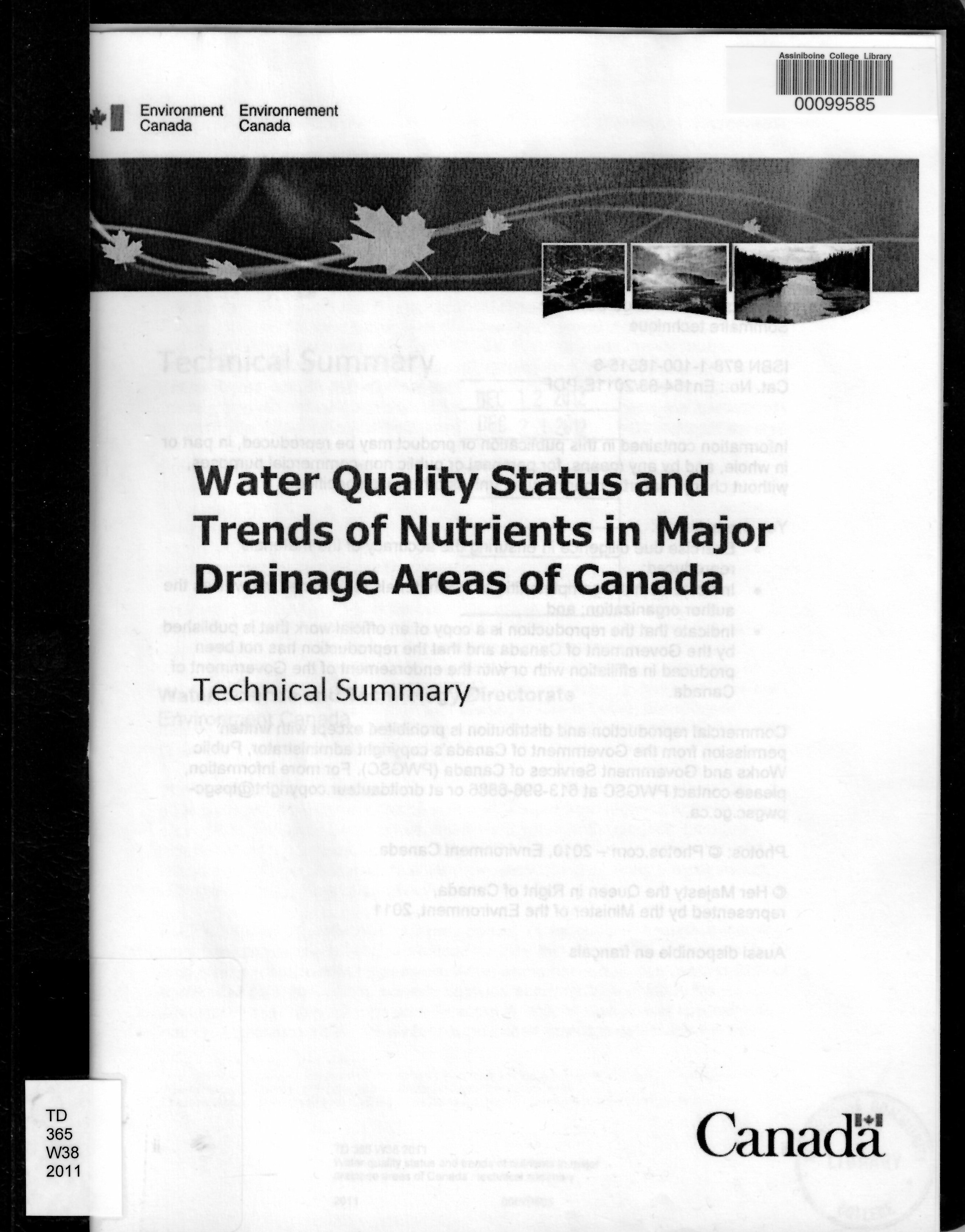 Water quality status and trends of nutrients in major drainage areas of Canada : technical summary