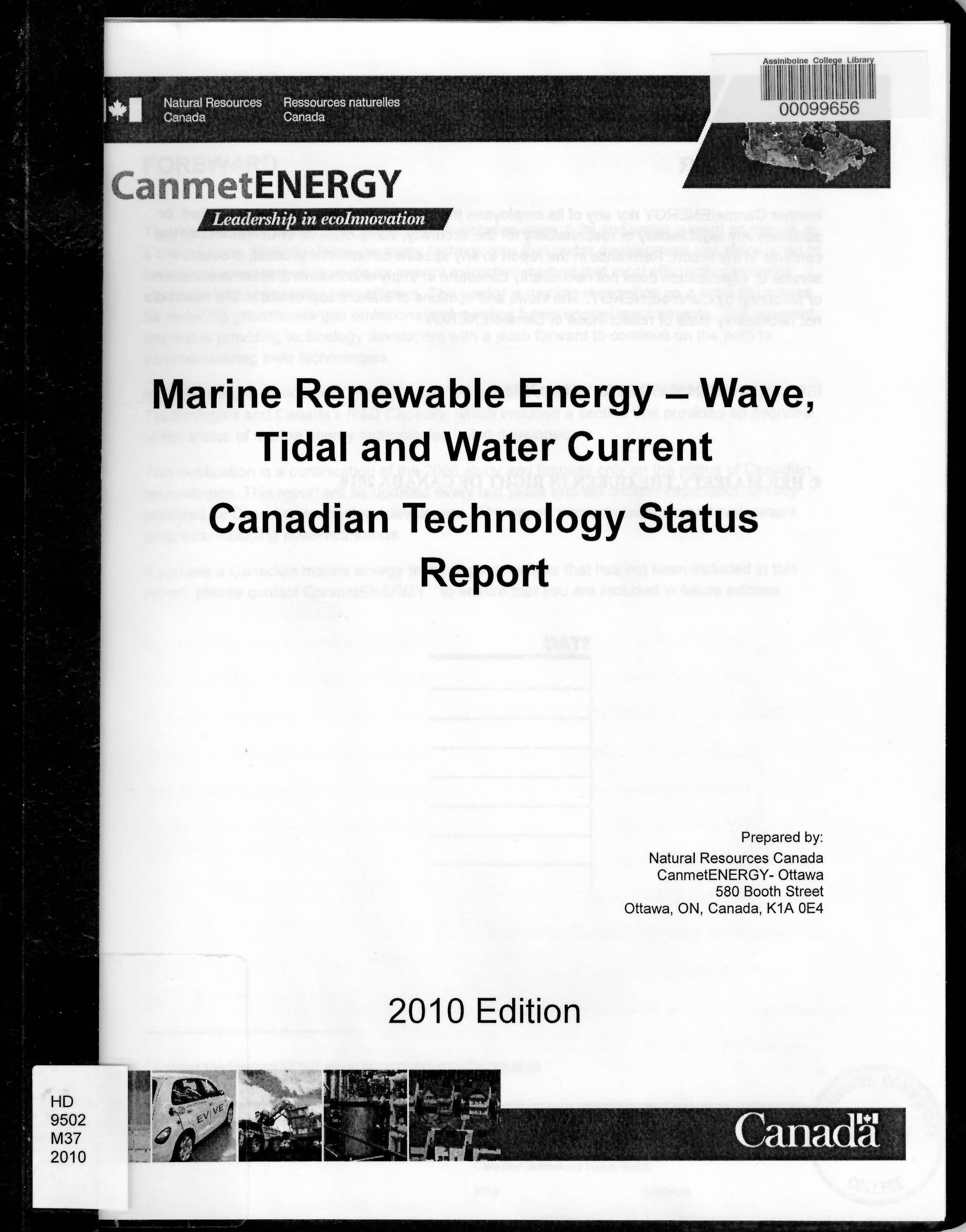 Marine renewable energy : wave, tidal and water current: Canadian technology status report