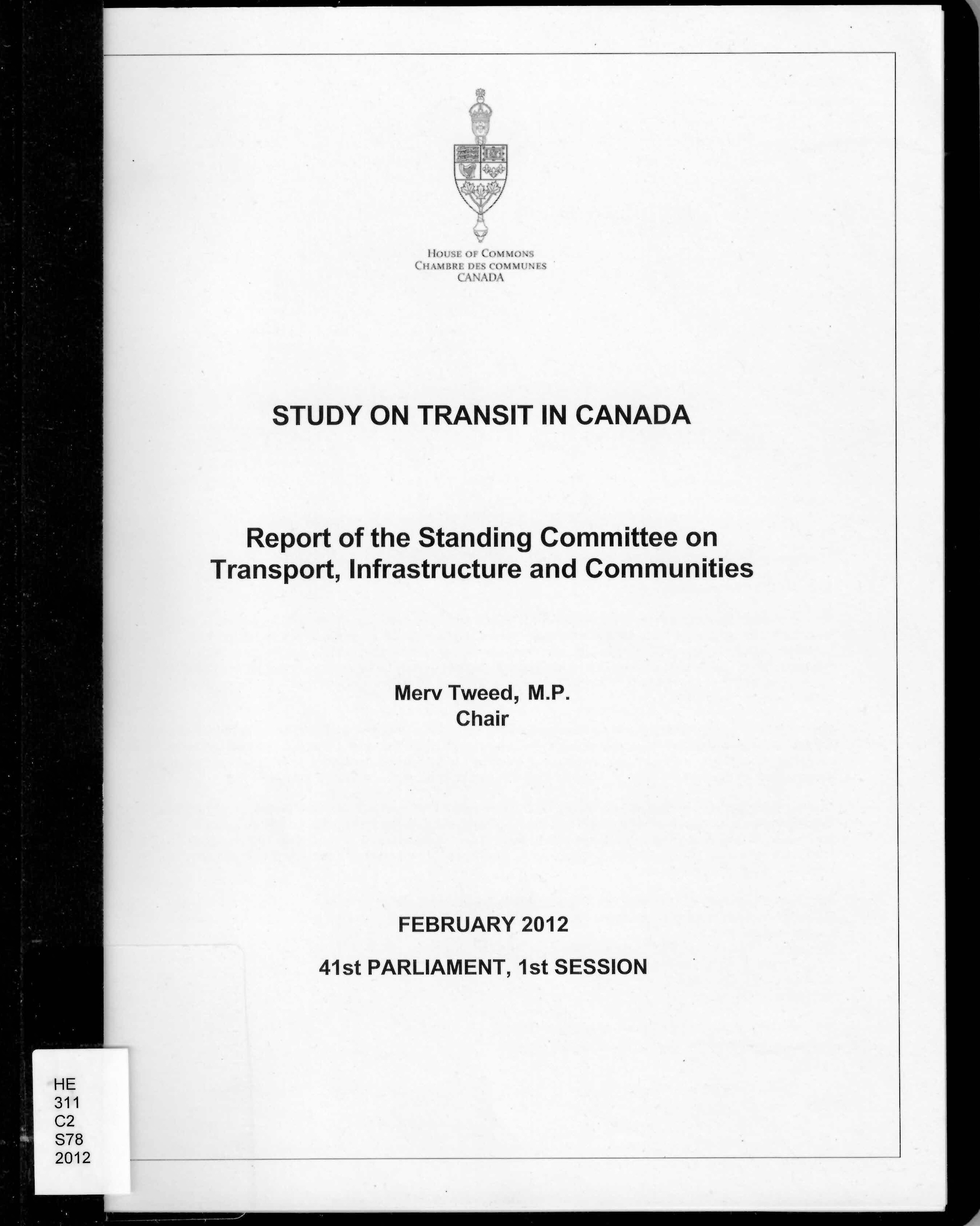Study on transit in Canada : report of the Standing Committee on Transport, Infrastructure and Communities