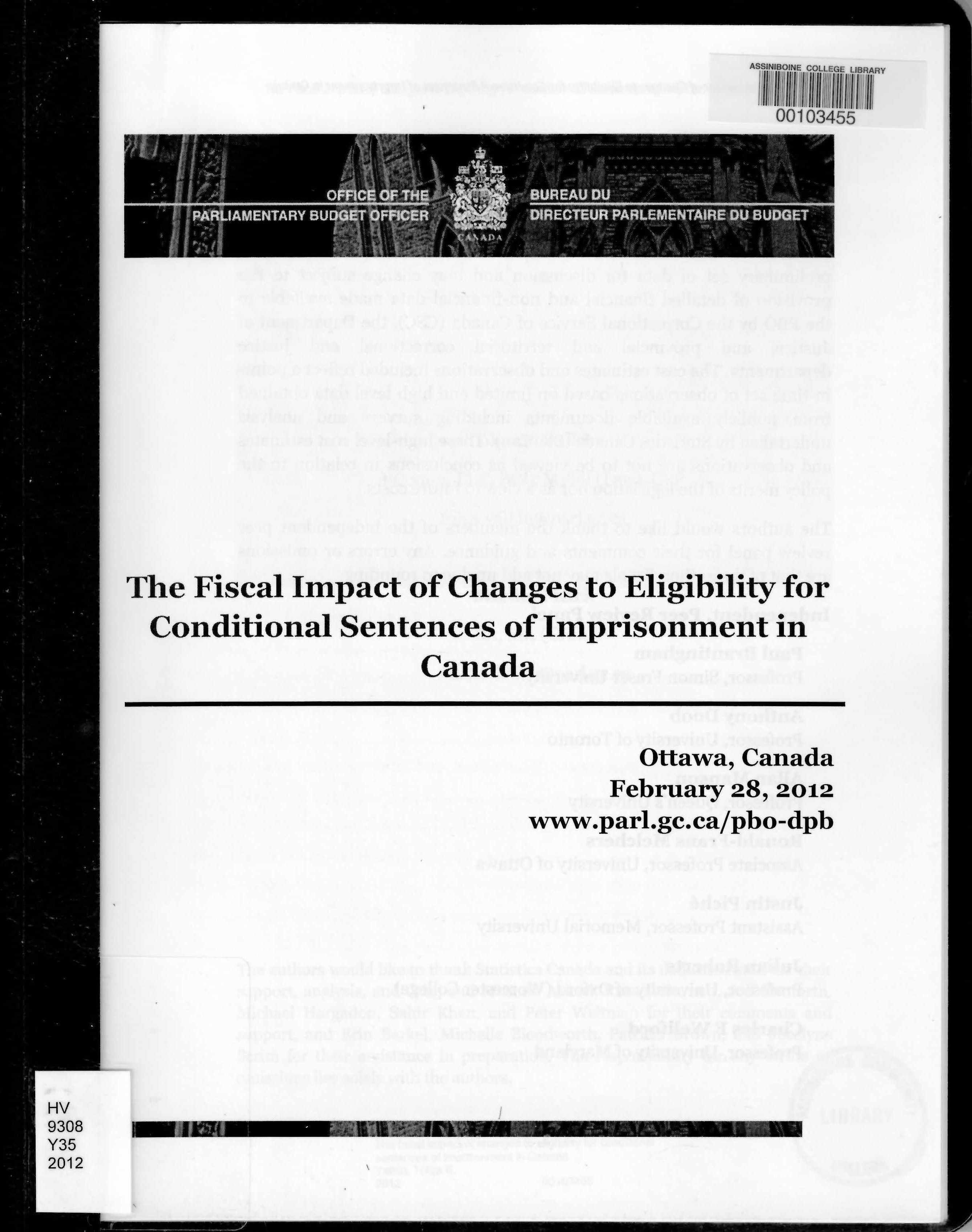 The fiscal impact of changes to eligibility for conditional sentences of imprisonment in Canada