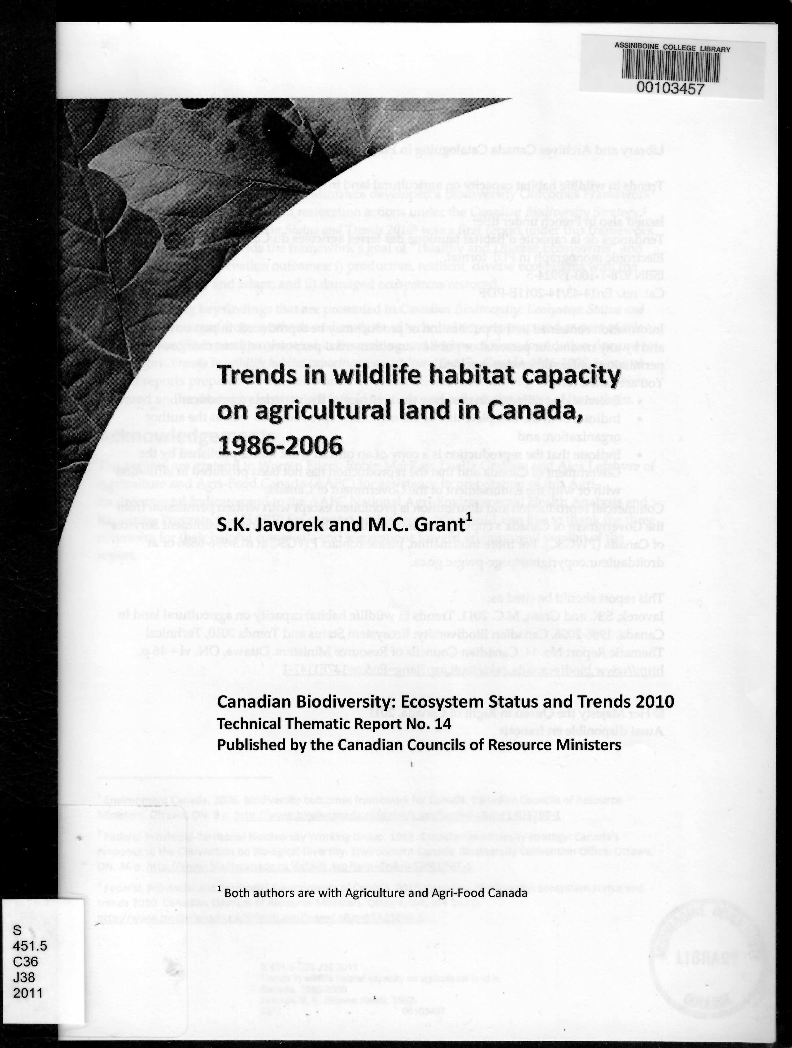 Trends in wildlife habitat capacity on agricultural land in Canada, 1986-2006