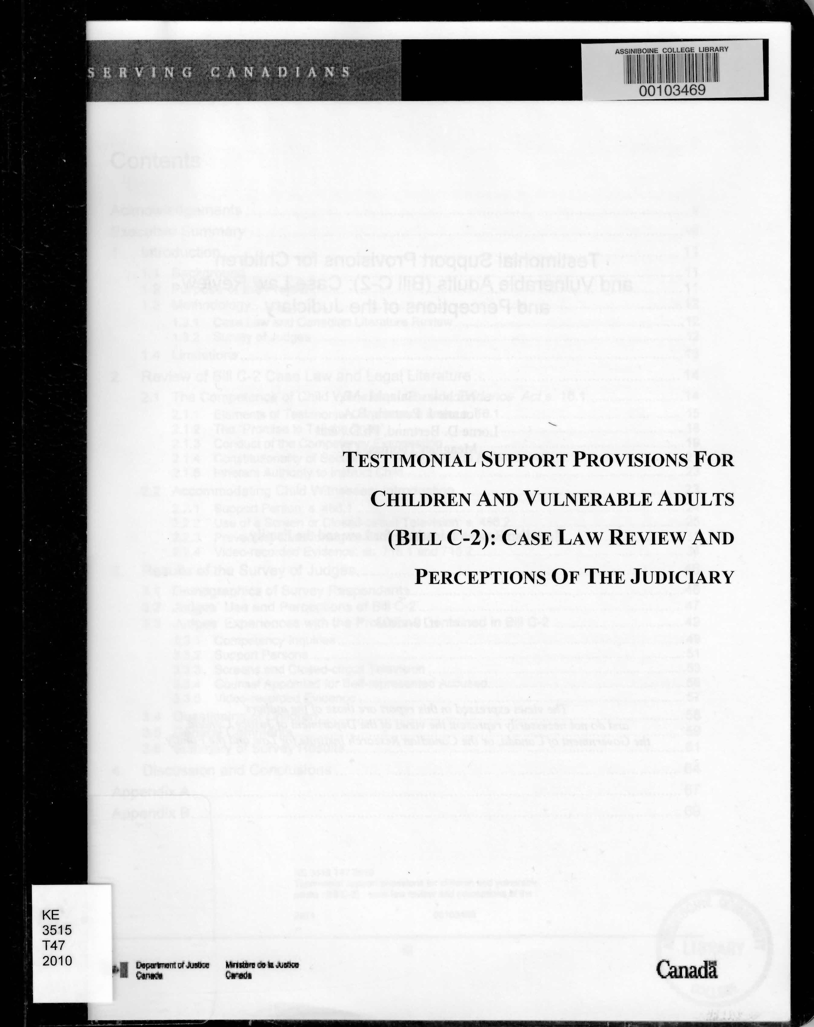 Testimonial support provisions for children and vulnerable adults (Bill C-2) : case law review and perceptions of the judiciary