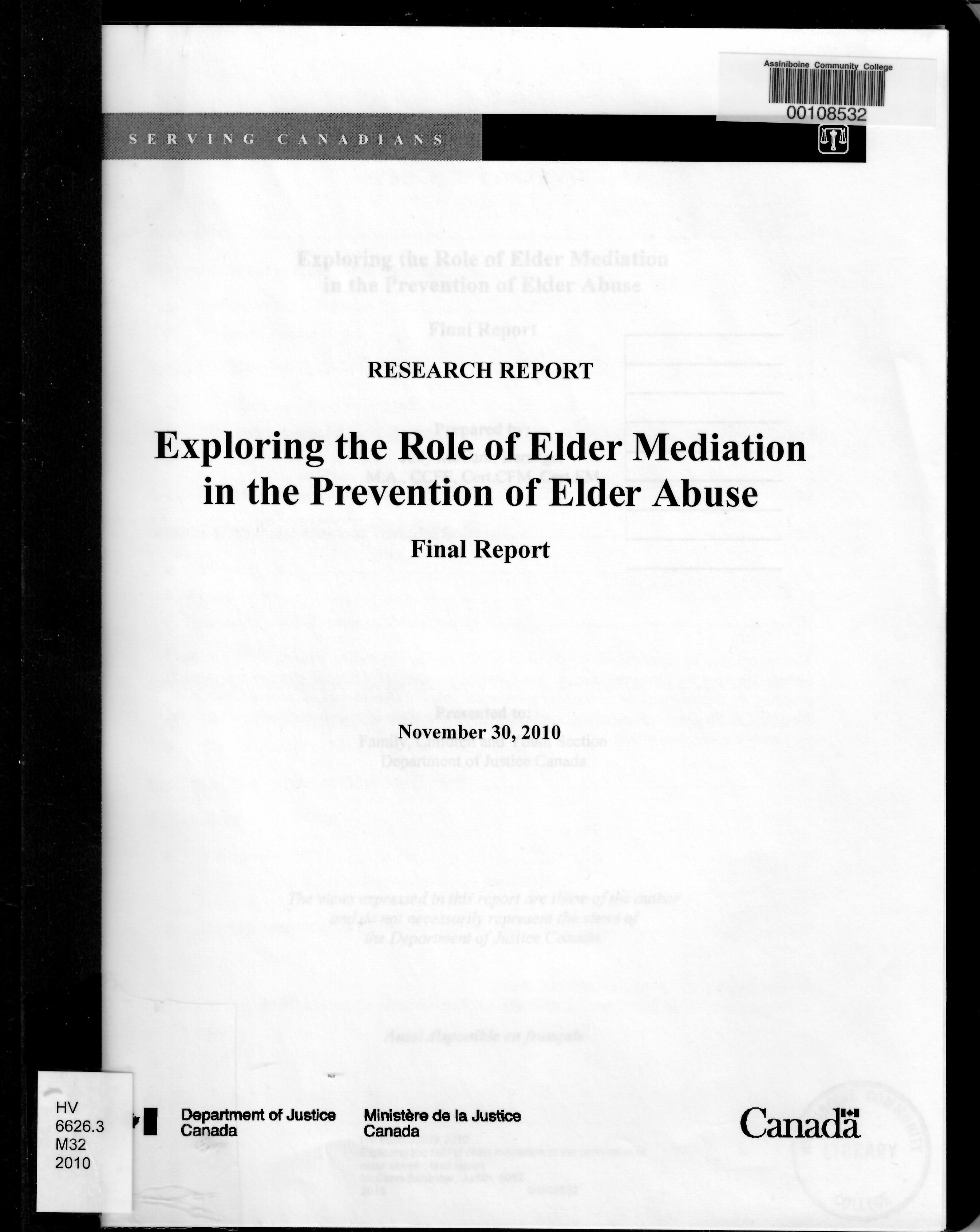 Exploring the role of elder mediation in the prevention of elder abuse : final report