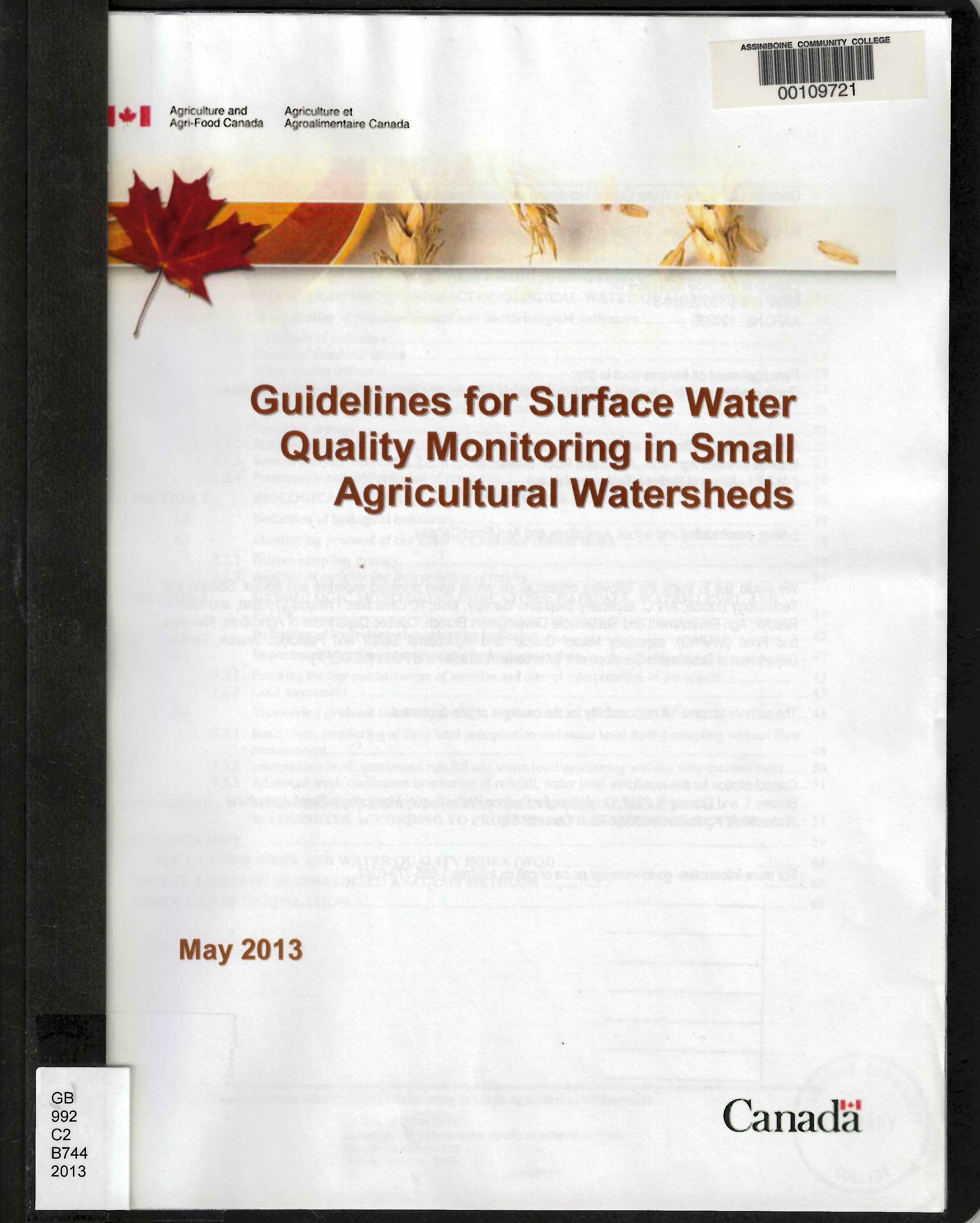 Guidelines for surface water quality monitoring in small agricultural watersheds