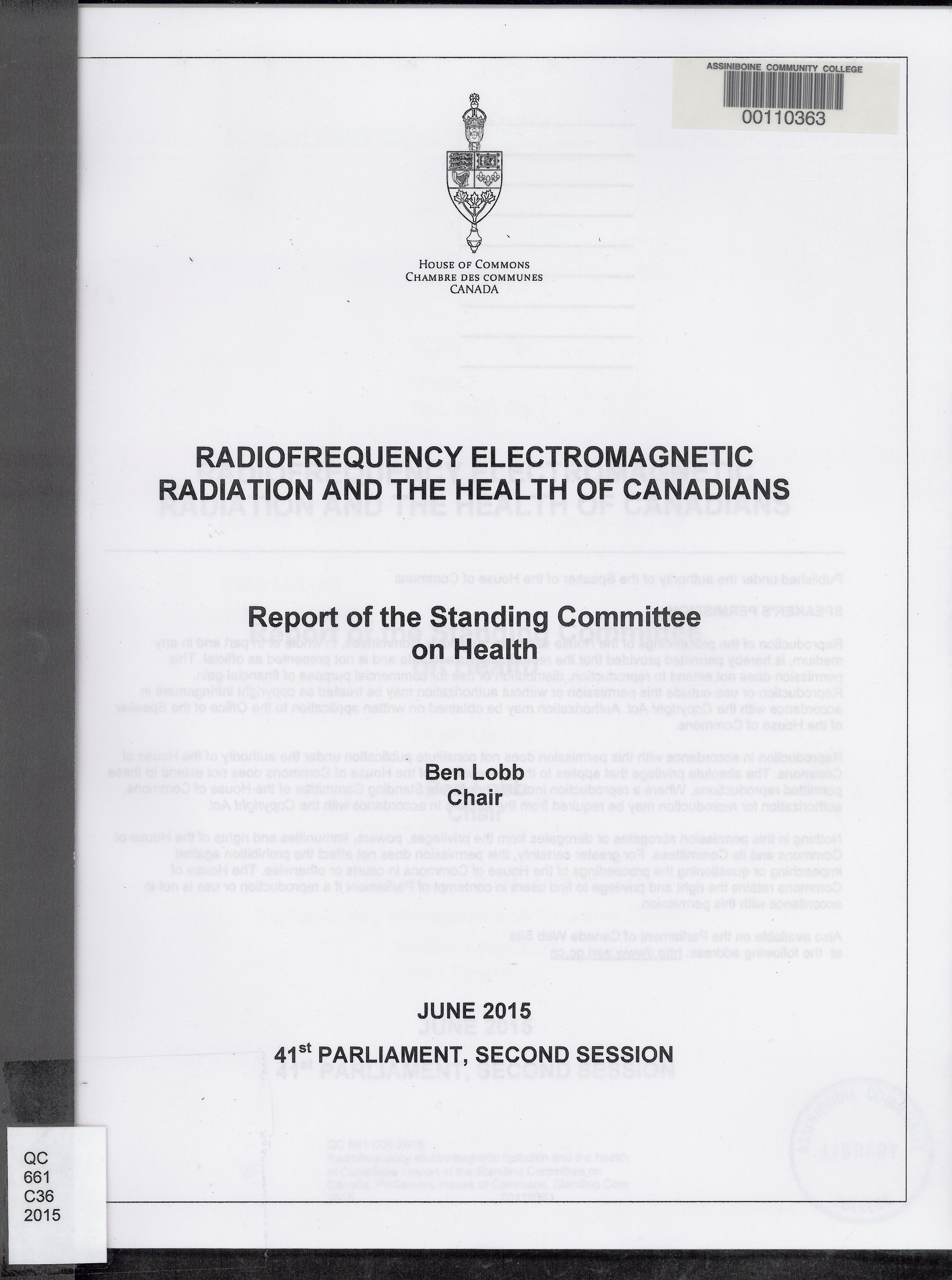 Radiofrequency electromagnetic radiation and the health of Canadians : report of the Standing Committee on Health