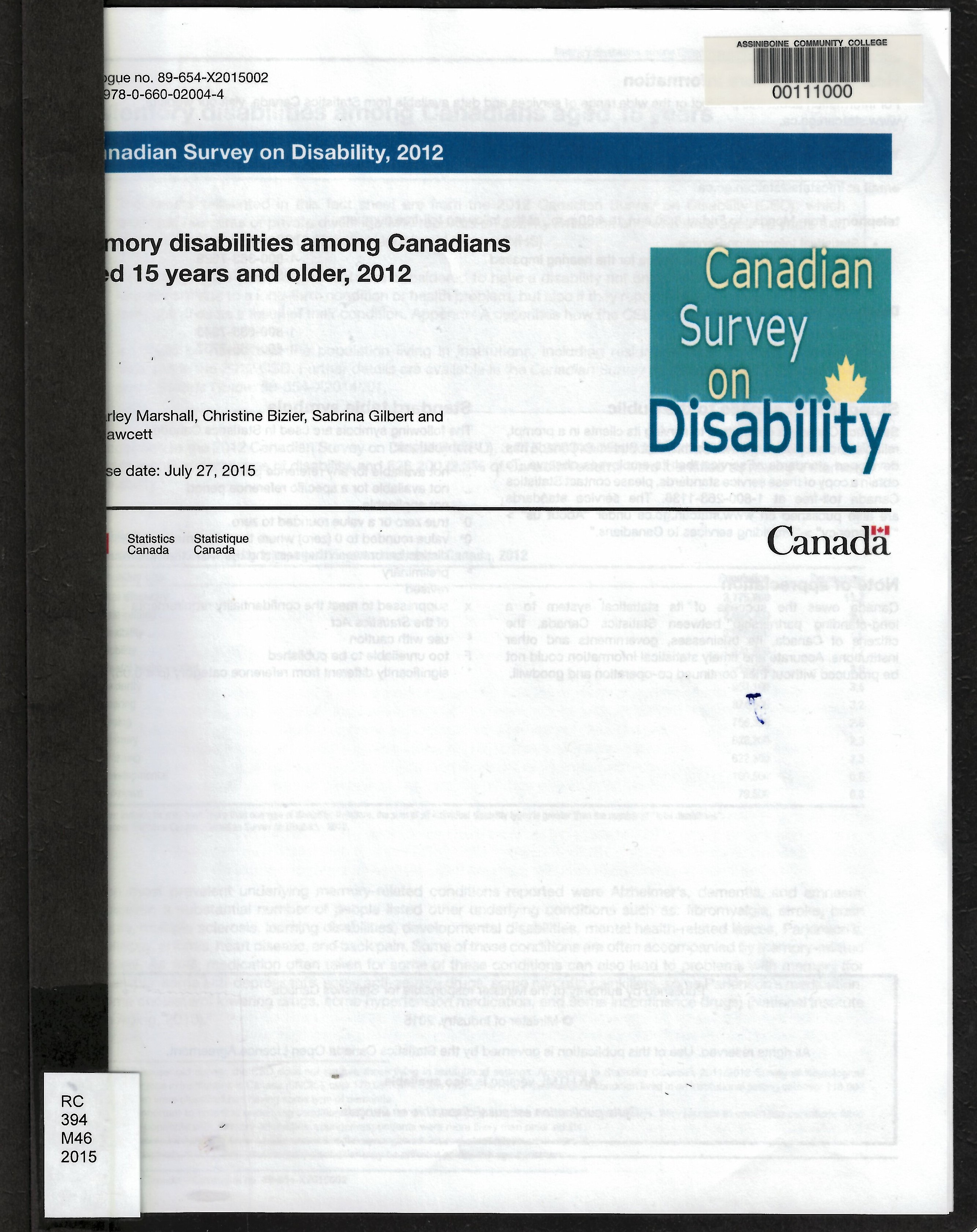 Memory disabilities among Canadians aged 15 years and older, 2012