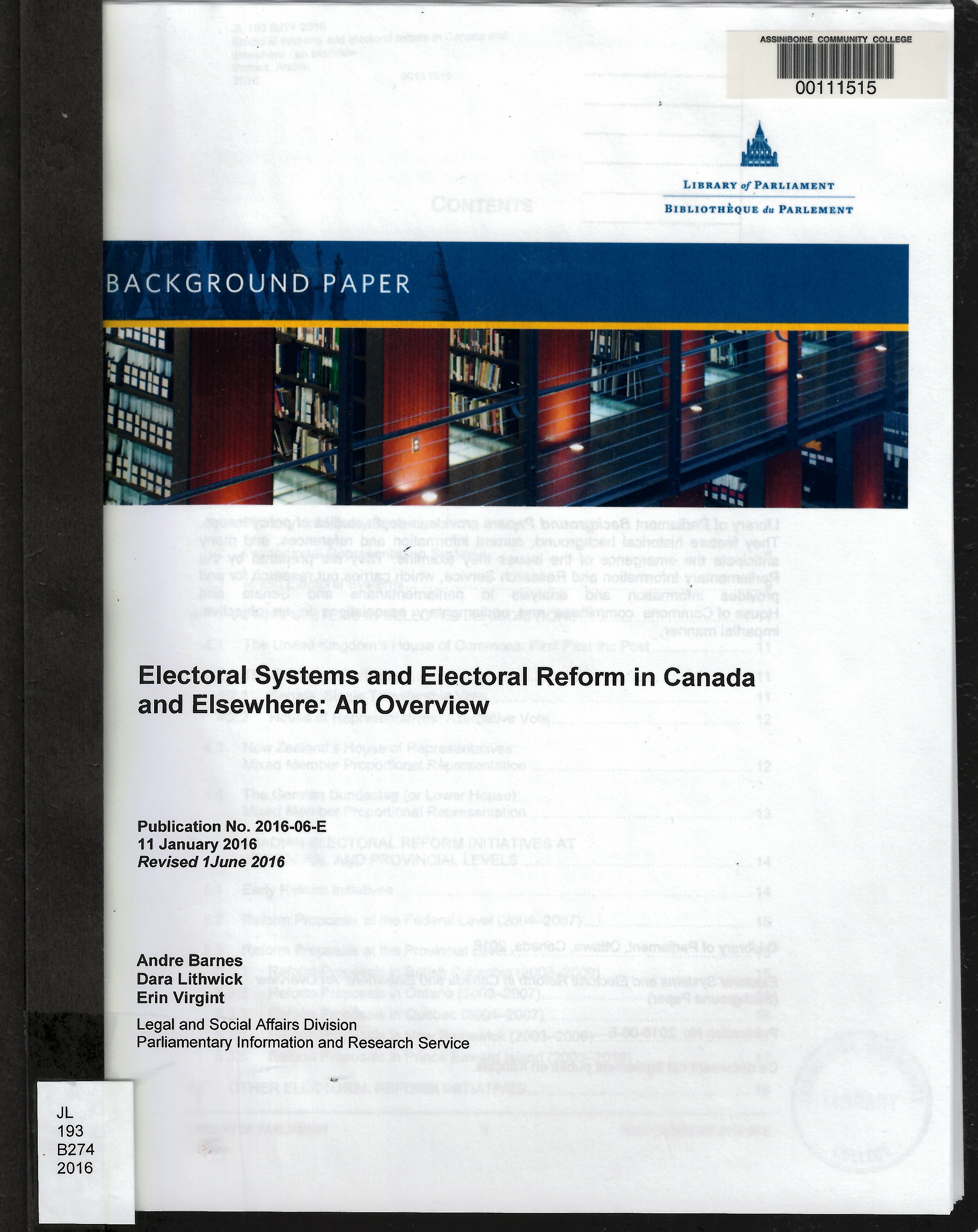 Electoral systems and electoral reform in Canada and elsewhere : an overview