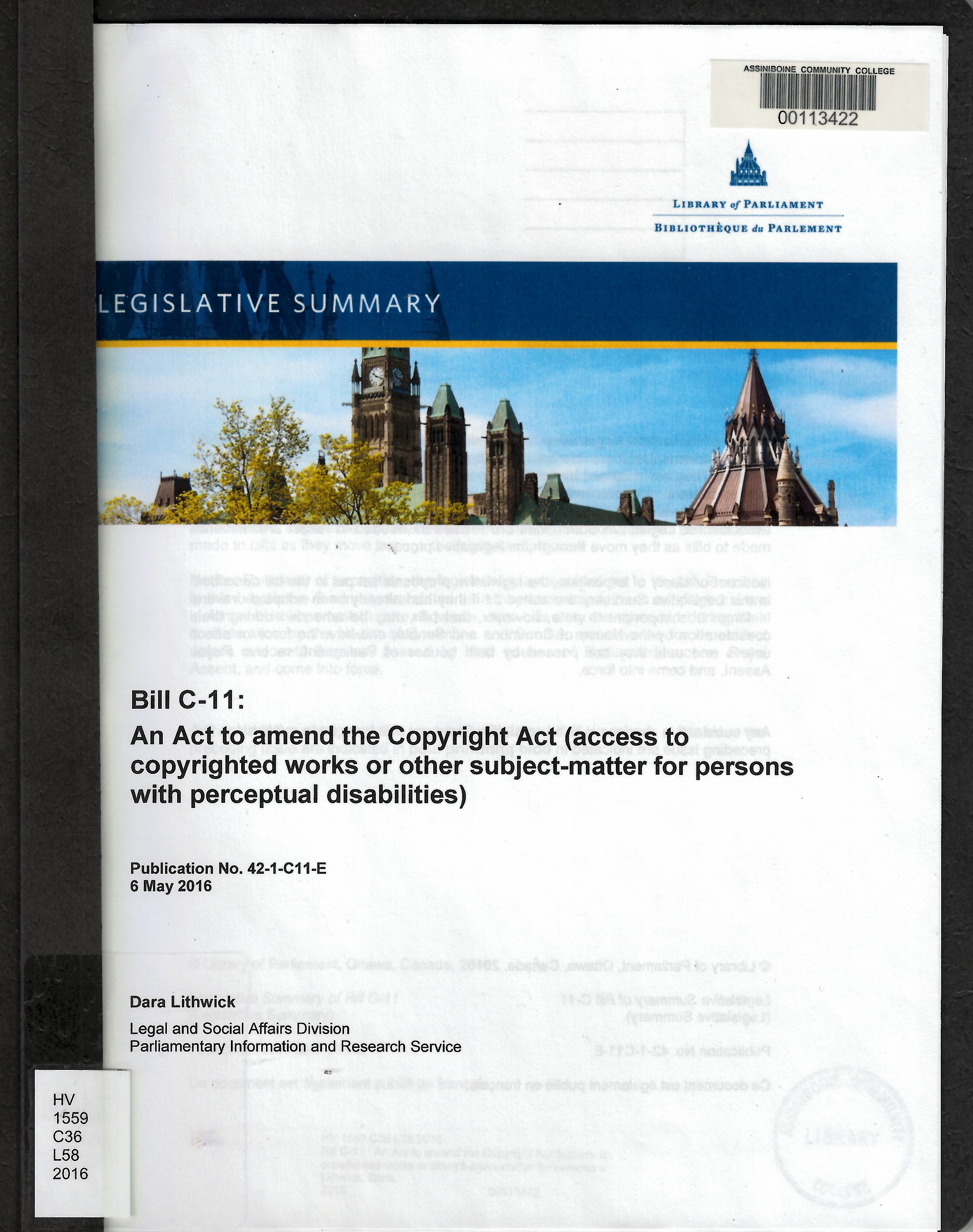 Bill C-11 : An Act to amend the Copyright Act (access to copyrighted works or other subject-matter for persons with perceptual disabilities)