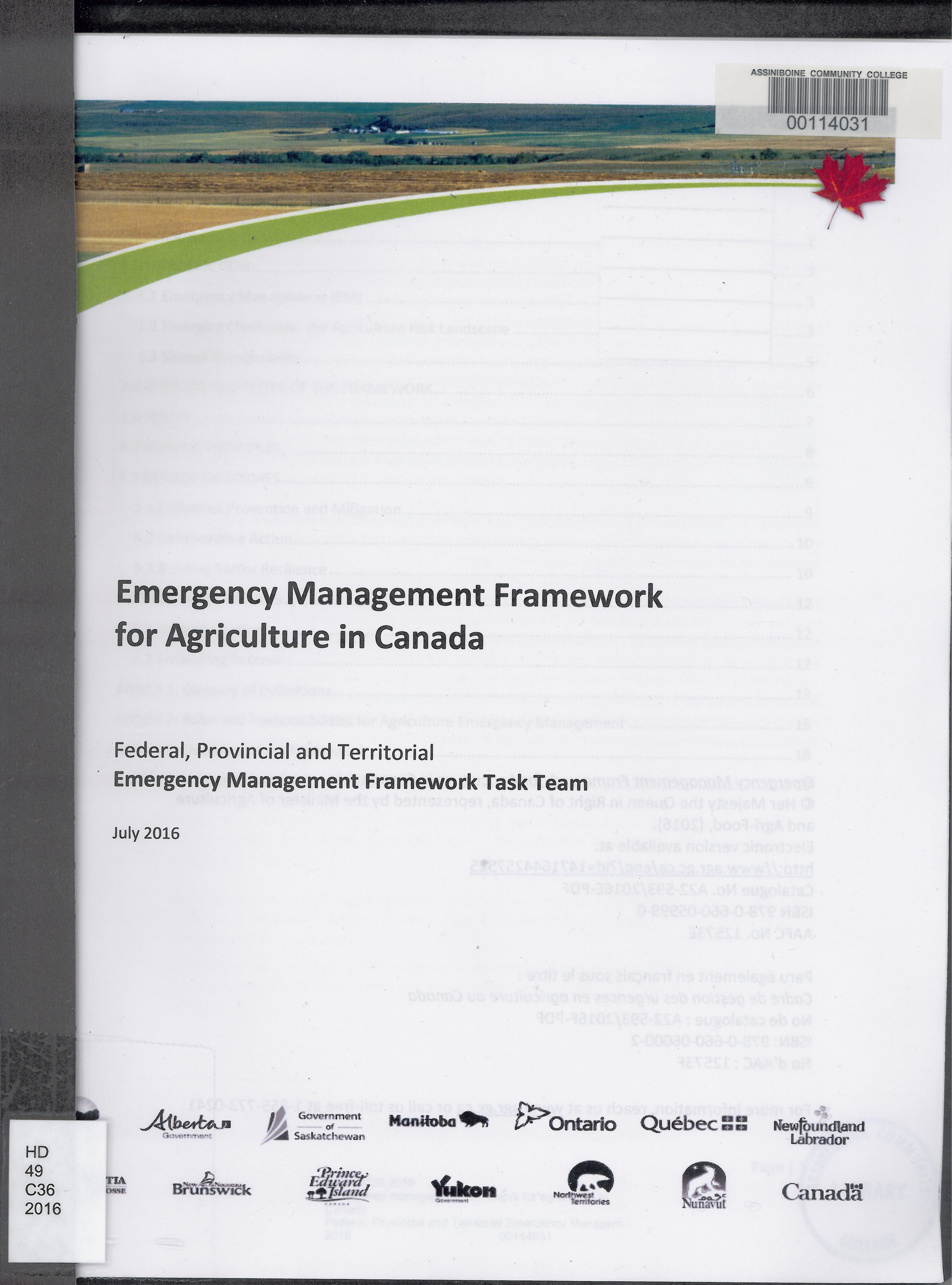 Emergency management framework for agriculture in Canada