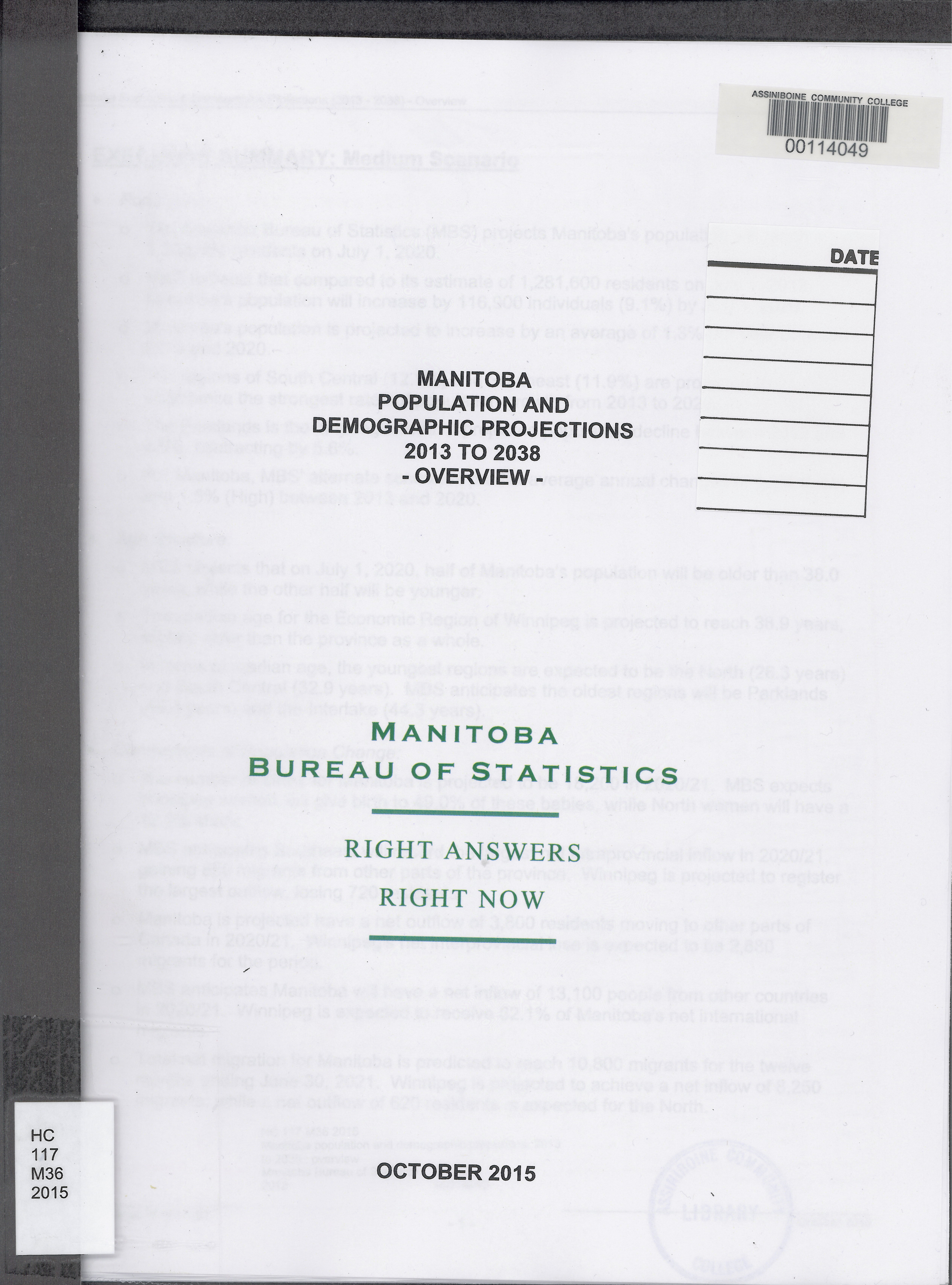 Manitoba population and demographic projections, 2013 to 2038 : overview