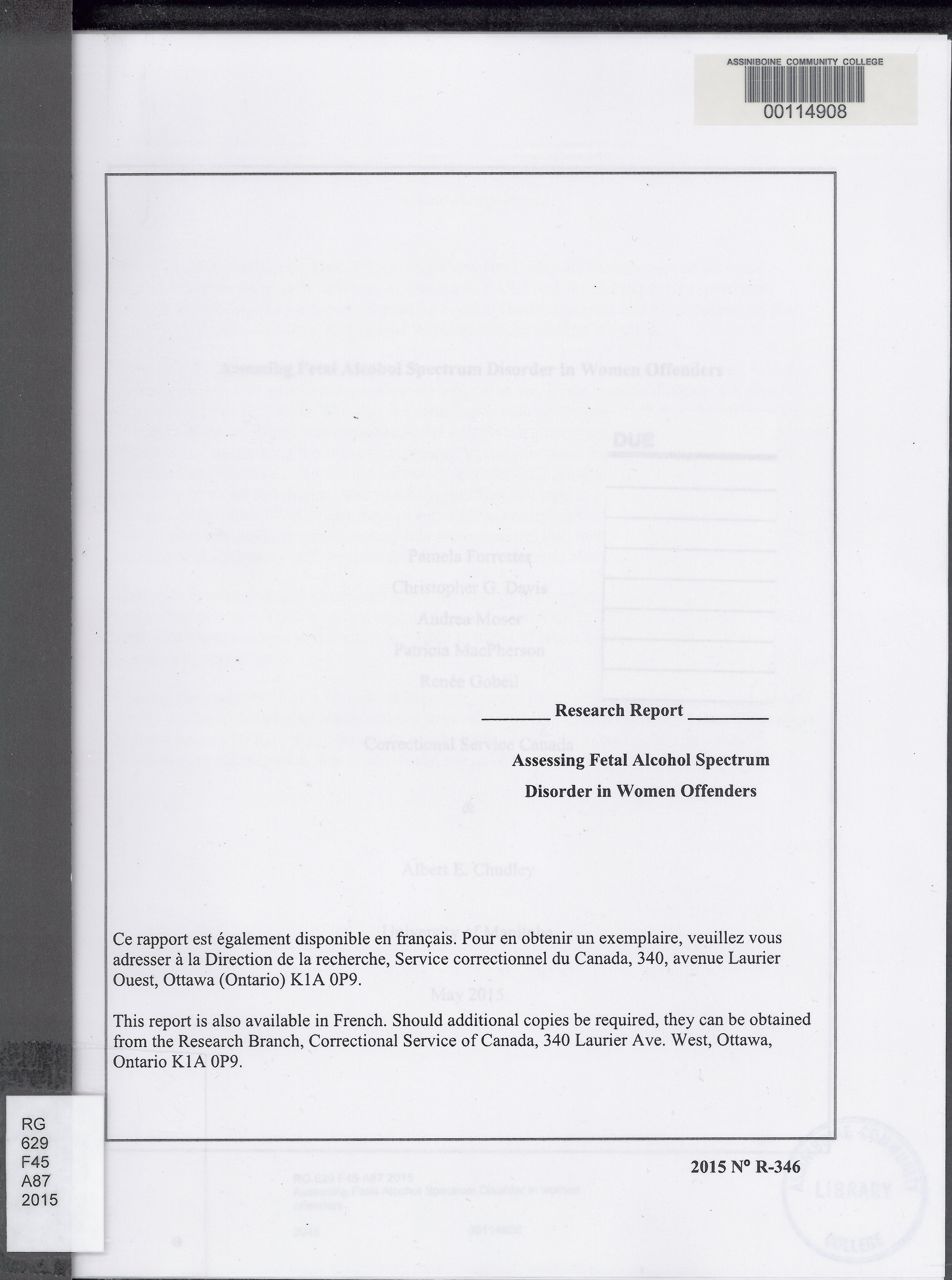 Assessing Fetal Alcohol Spectrum Disorder in women offenders