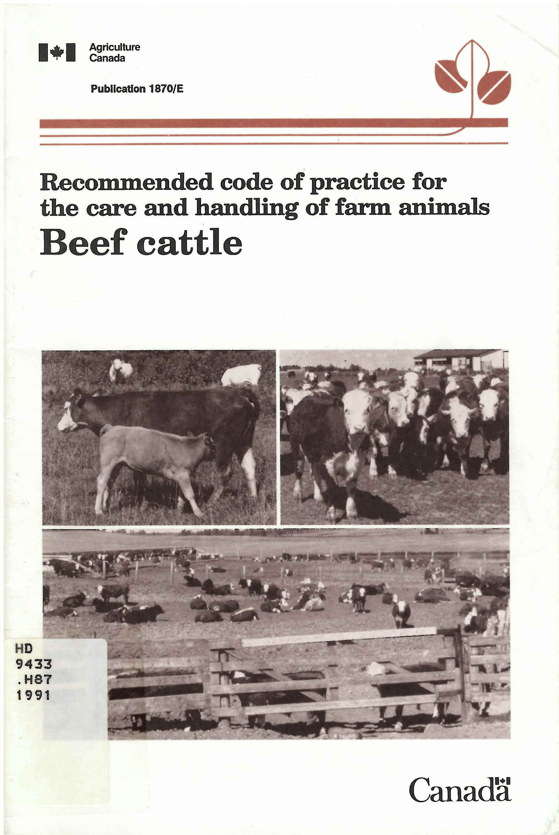 Recommended code of practice for the care and handling  of farm animals: : beef cattle